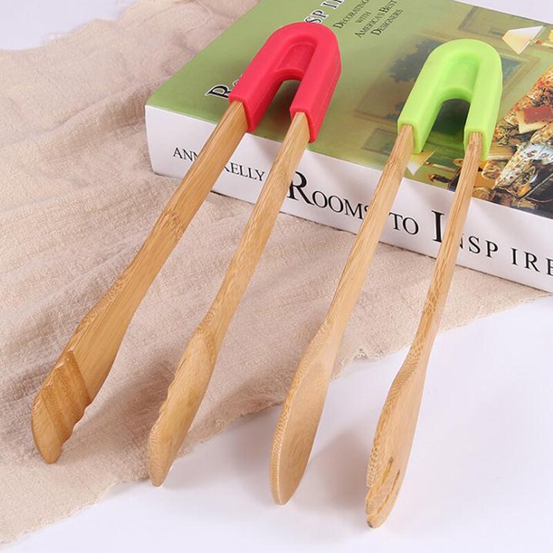 Herramientas de pinza de cocina para barbacoa, utensilios de cocina, pinzas de bambú para comida tostar, utensilios de madera para pastel, ensalada bolsa con Clip para aperitivos, mango de silicona para pan
