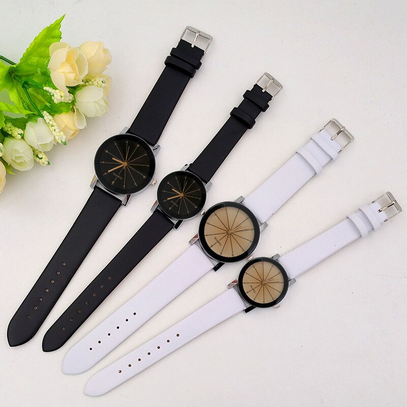 Ronde Paar Horloge Zwart en Wit Bruin Dial Lederen Pointer Mannelijke en Vrouwelijke Student Temperament Horloge