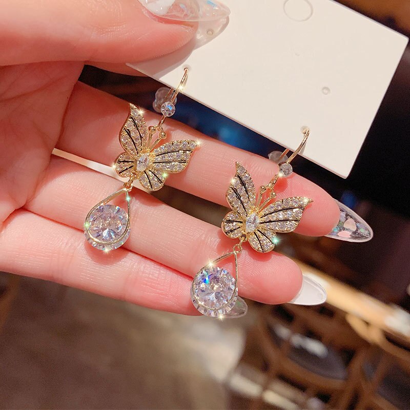 Koreaanse Mode Vlinder Parel Oorbellen Voor Vrouwen Goud Kleur Geometrische Kwastje Zirconia Wedding Oorbellen Sieraden