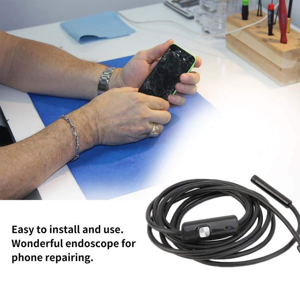 Waterproof HD 2M/7mm Endoscope Lens Rigid Cable Mini USB Inspection Camera Snake Tube with 6 LED Lights Borescope for Phone PC