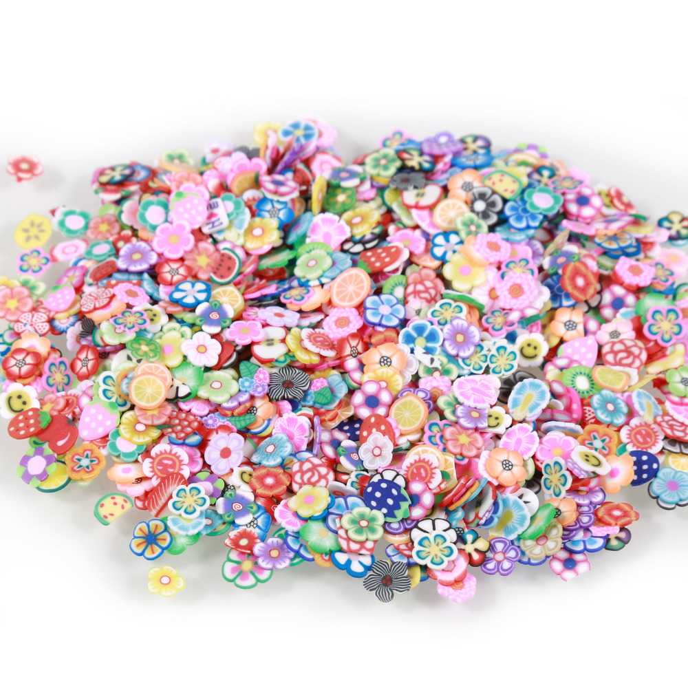 1000 stks/zak Bloemen Fruit Fimo Canes Stick 3D Nail Art Decoraties Polymer Clay Canes Nail Stickers Tips 5mm plakjes