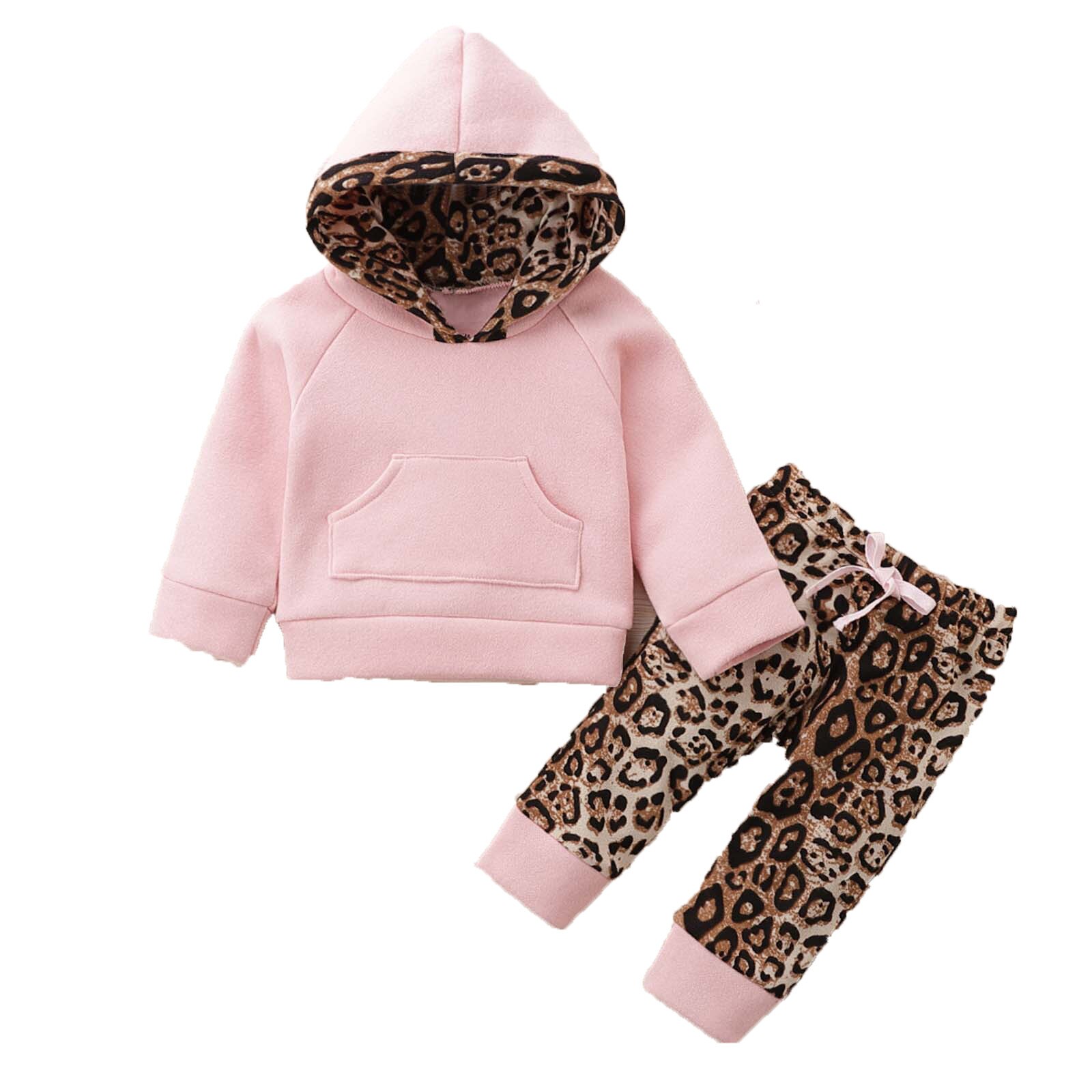Peuter Set Baby Jongens Meisjes Winter Mode Dikke Warme Capuchon Leopard Pocket Socket Tops + Broek Outfits Kinderen kleding: PK / 6-12 Months