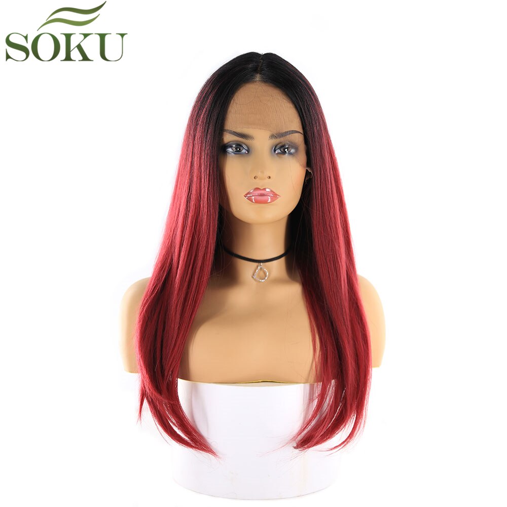 Pelucas frontales de encaje sintético de Color rosa SOKU para mujeres negras, peluca de parte media, pelucas de fibra de alta temperatura sin pegamento de 130% de densidad: GT1B BG