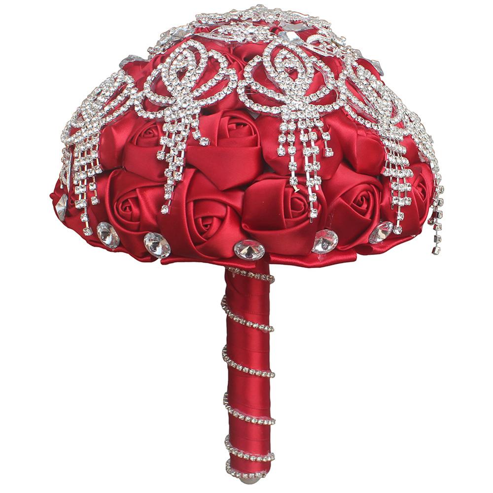 JaneVini Luxus Rot Hochzeit Bouquet Strass Kristall Künstliche Satin Rosen Braut Blumenstrauß Blumen Halten Hochzeit Zubehör