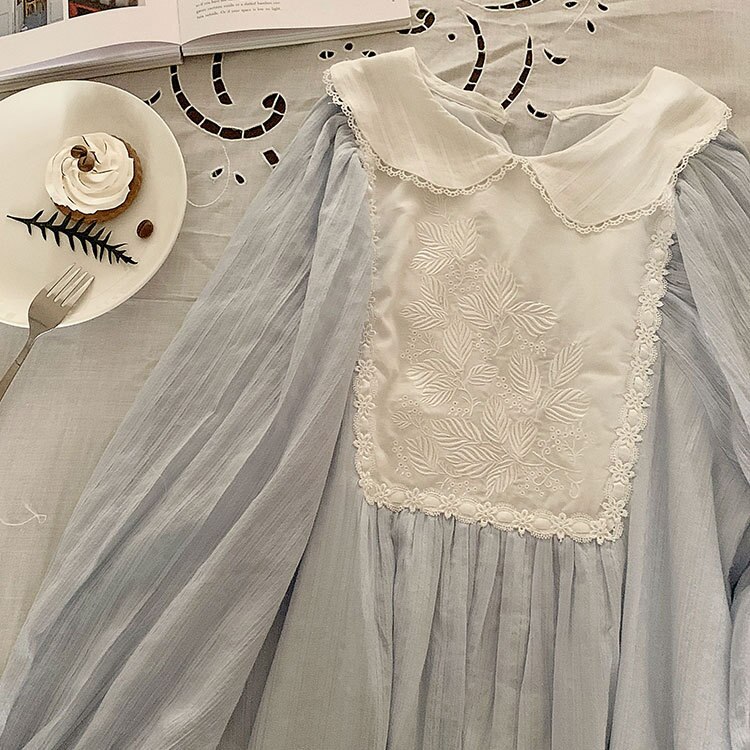 Camisones largos de algodón blanco con bordado Vintage para mujer, ropa de dormir Floral, vestido de noche para primavera y otoño: Azul cielo / S