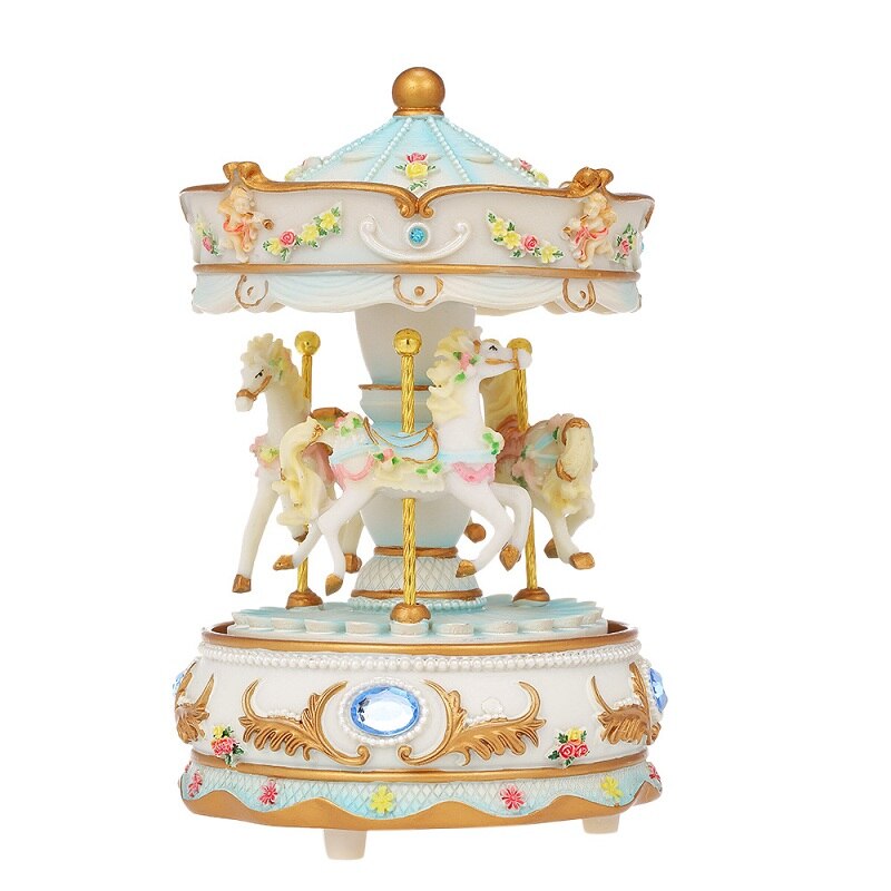 Mini Carousel Clockwork Music Box Speaker Led Merry-go-round Musical Box for Girlfriend Kids Children Christmas Festival: Blue