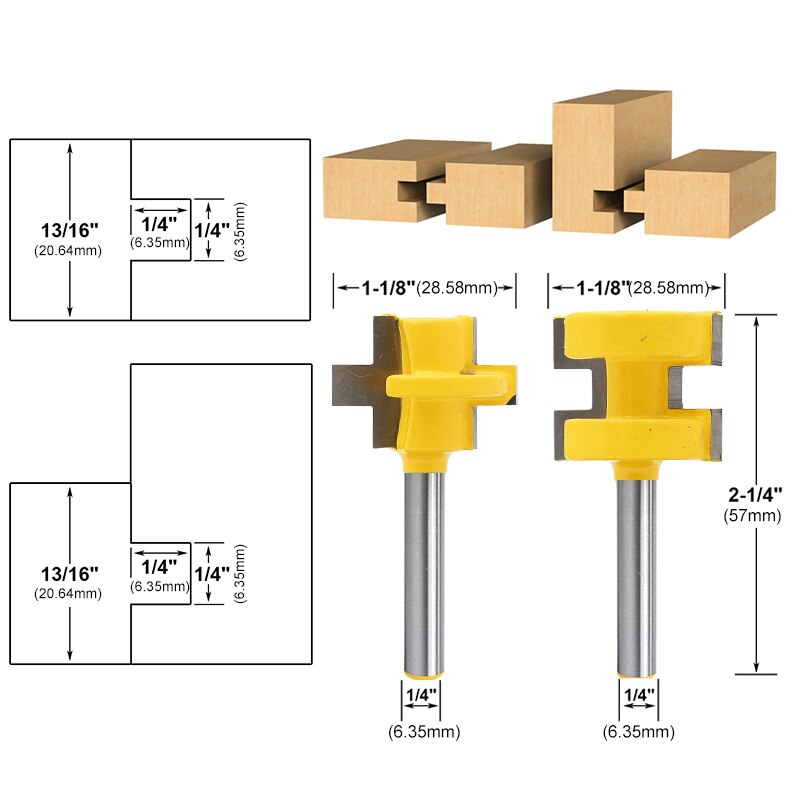 2 Stuks 6Mm 6.35Mm Schacht T-Slot Vierkante Tand Tenon Frees Carving Mes Frezen Voor hout Tool Houtbewerking