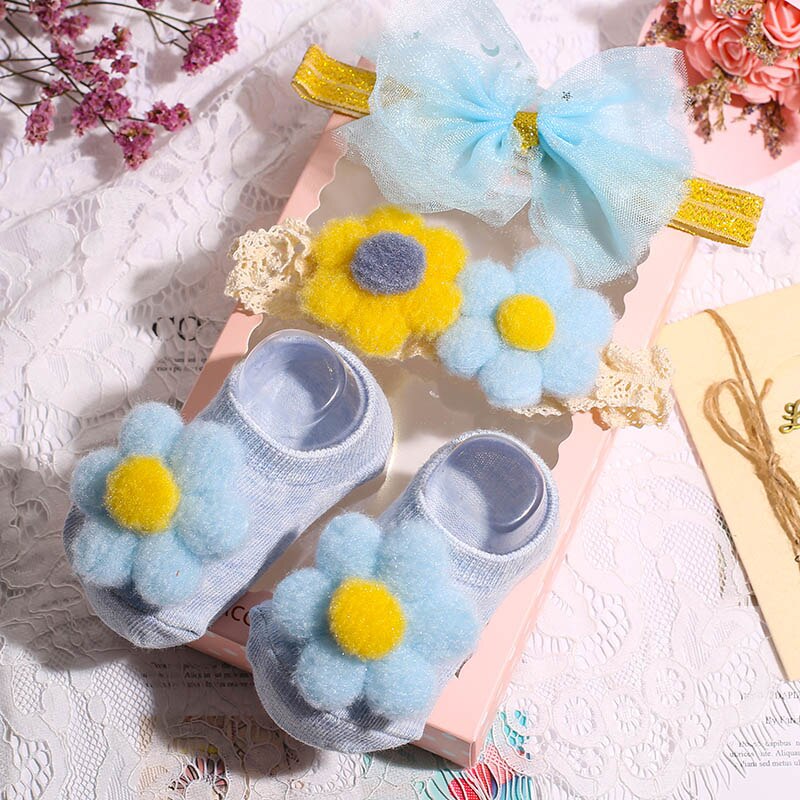 3er -einstellen babysocken + haarband mit süßen punkten und schleife, haarband mit blumenkranz, rutschfeste socken für babys und kleinkinder: Stil 1 g10