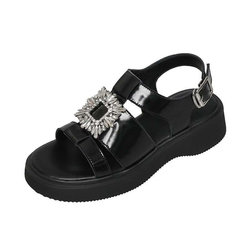 Meotina Shoes Women Genuine Leather Gladiator Sandals Flat Platform Sandals Crystal Buckle Ladies Footwear Summer Beige Black 40: black / 9