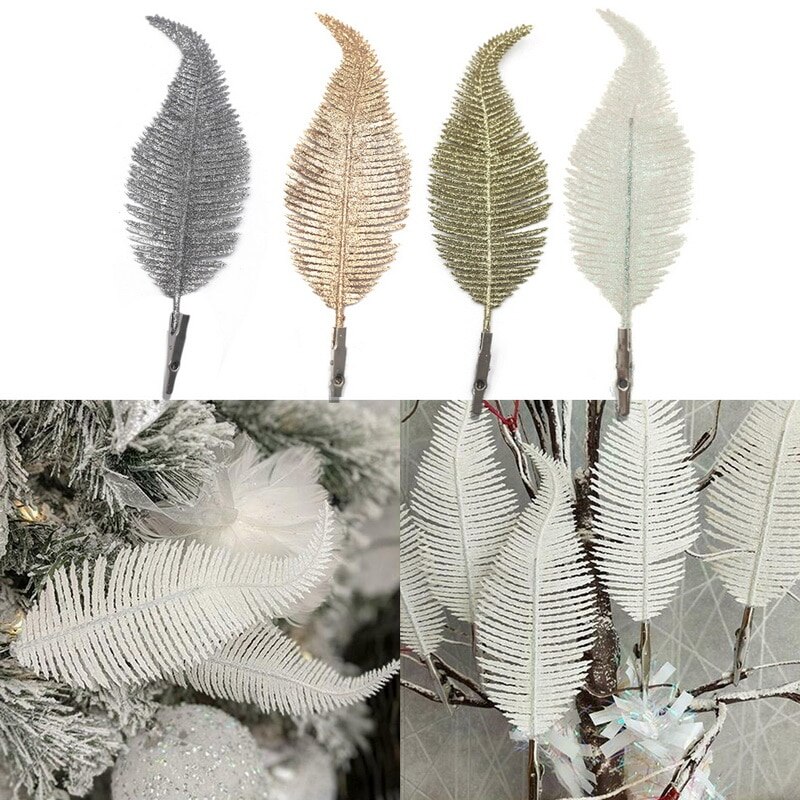 Simulering blomma julgran vas dekoration klipp på glittrande grannlåt prydnad fjäder lämnar för hemmakontor dekorationer