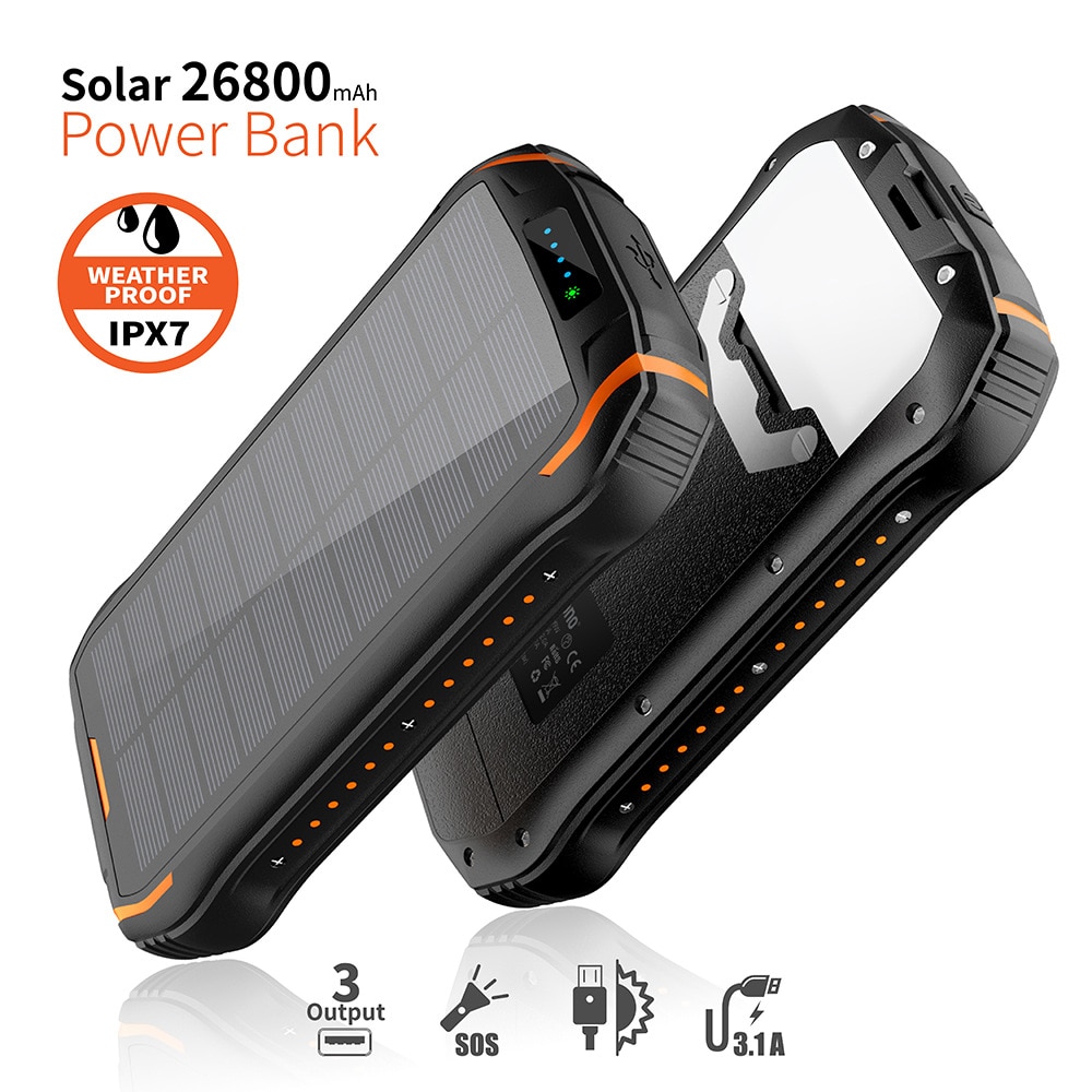 Fast Qi Wireless Charger Solar Power Bank 26800mAh For iPhone Samsung Powerbank with LED Flashlight Solar Waterproof Poverbank