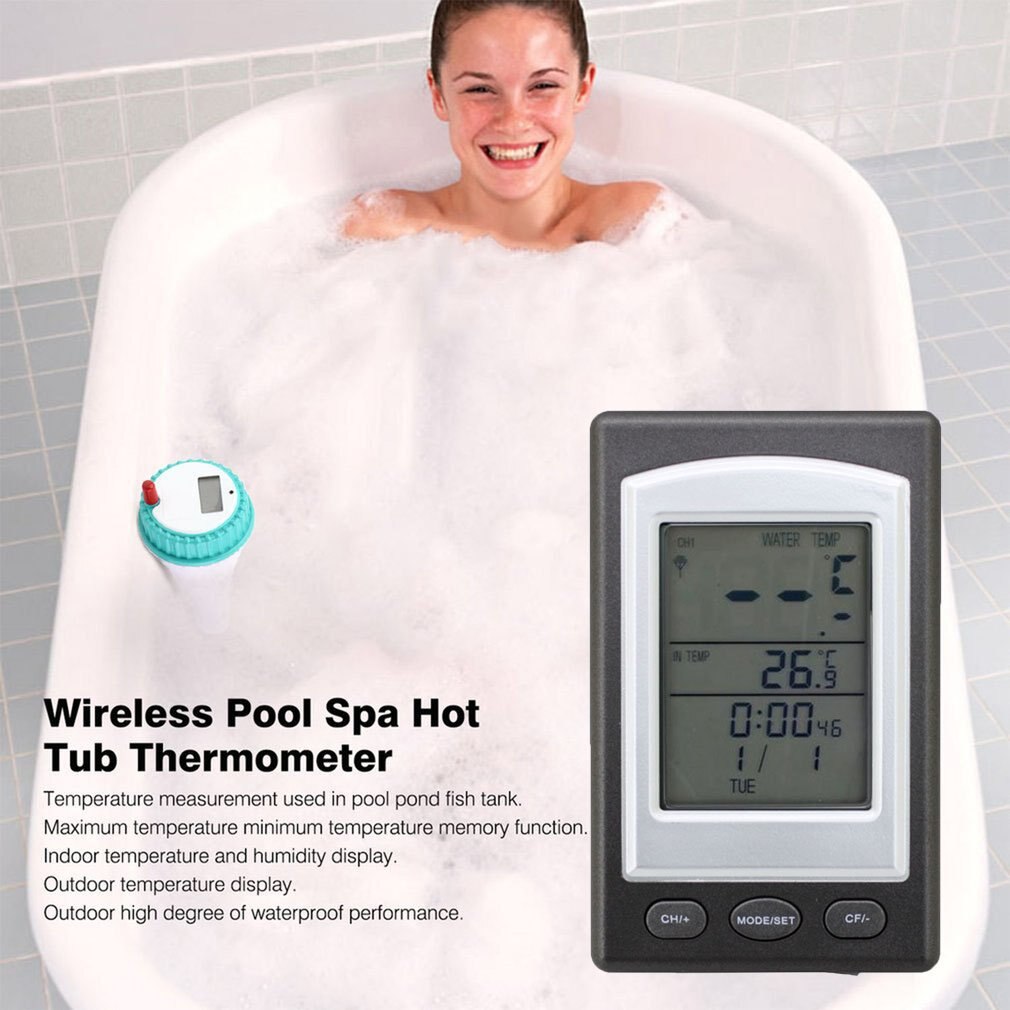 Wireless Pool Thermometer Tub Home Swim Spa Water Temperature Meter Calendar Alarm Clock -40~60C Waterproof Outside Sensor