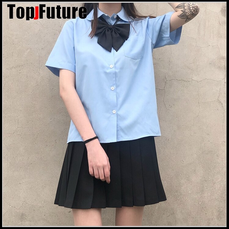 JK uniformen weibliche studenten sommer arbeit kleidung Scharf kragen runde hals arbeit kleidung BLUSE Shirt BLAU lange kurzarm Shirt