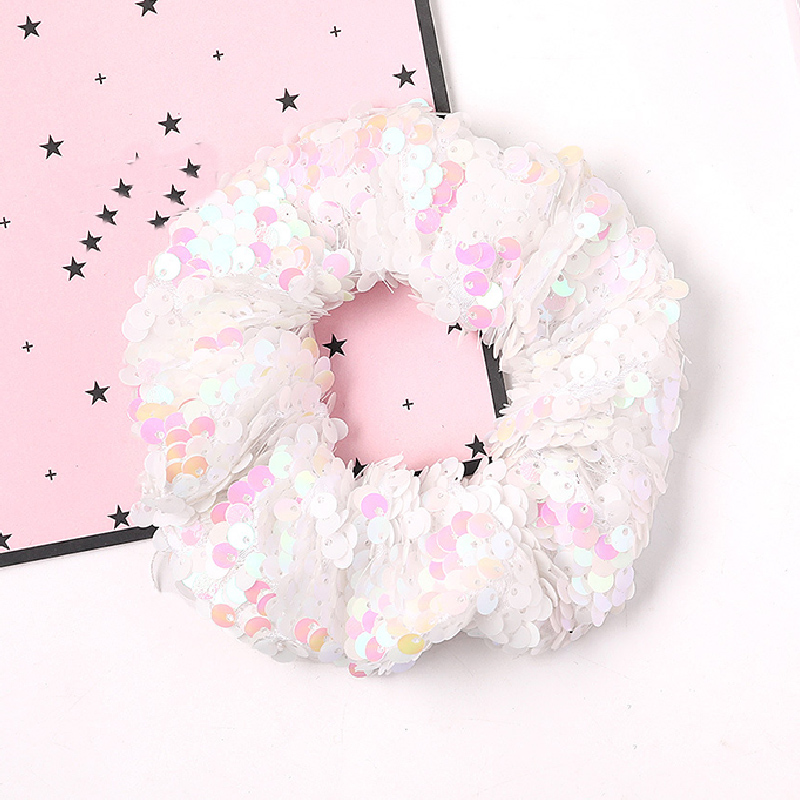 Paljett hår scrunchie glitter hårslipsar färgglada elastiska hårband vändbara paljetter scrunchies för flickor kvinnor håraccessoarer: Vit