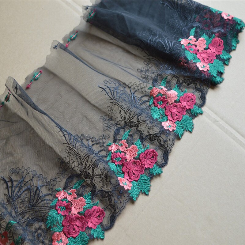 2yds/Lot 23Cm Brede Zwarte Mesh Roze Groen Gemengde Bloemen Borduren Kant Trim Voor Kleding Bruiloft, onderpakken