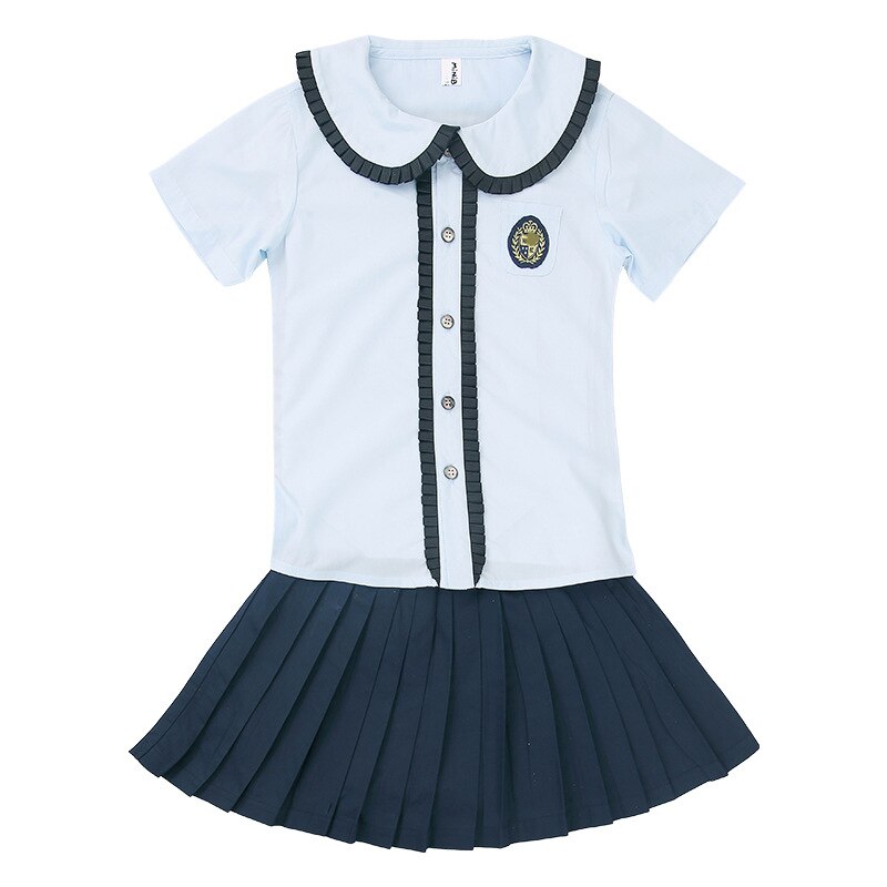 Uniforme escolar japonés coreano de algodón para niños y niñas, camisa azul, faldas plisadas, pantalones cortos, conjunto de ropa, traje para estudiantes