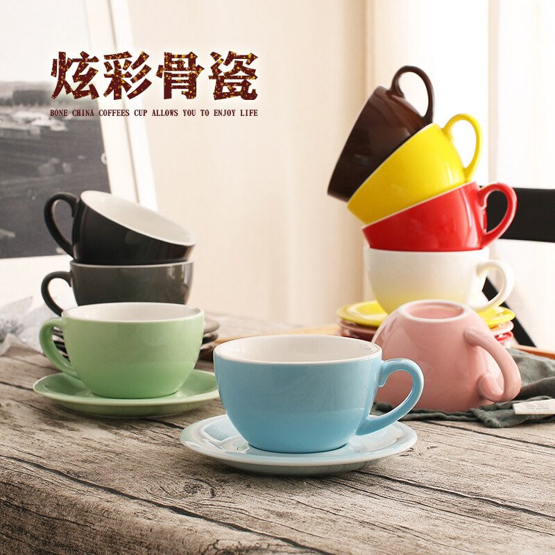 Taza de café artística Latte de boca ancha Macaron de 300ml con platillo, juego de tazas de café de cerámica esmaltada de colores gruesos europeos,