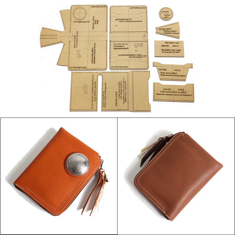 Leather Craft Personality Short Wallet Zipper Bag Sewing Pattern Hard Kraft Paper and Acrylic DIY Template 9cm*10cm