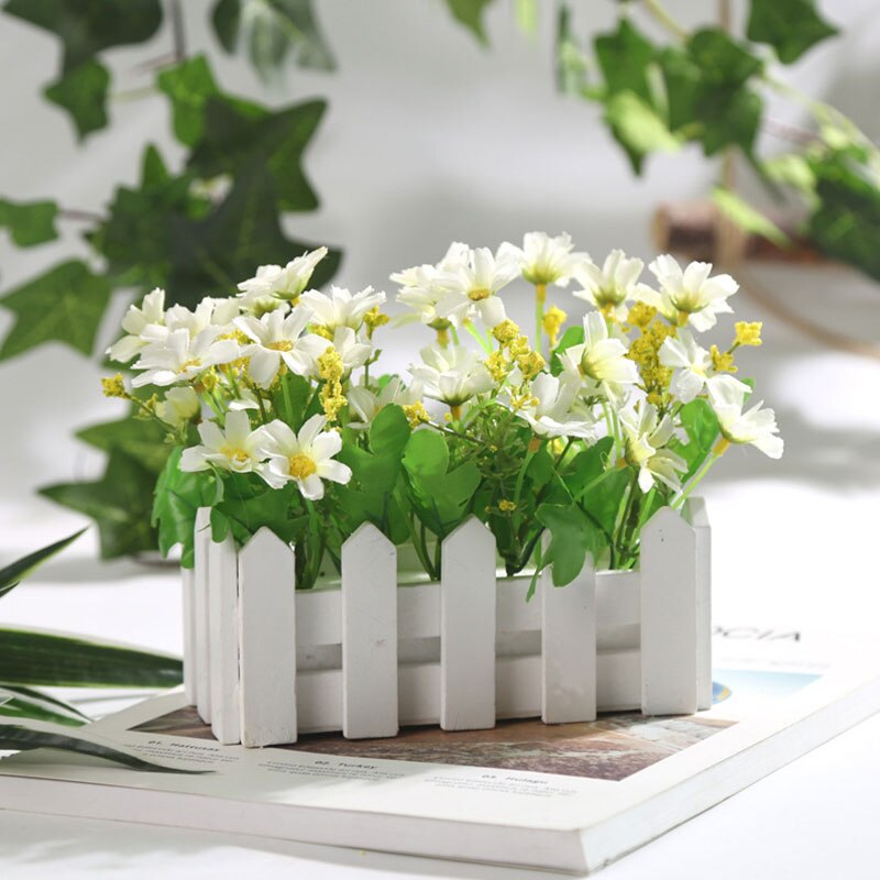 1 Set White Wooden Fence Artificial Flower Floral Artificial Plants Holder Home Garden Decor Ornament: 04
