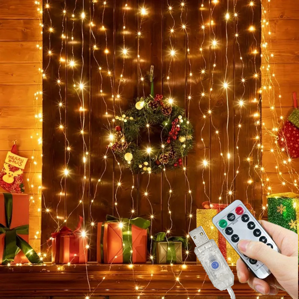 Guirnalda de luces LED para cortina, alimentación USB con Control remoto, guirnaldas de luces LED, colgante para árbol de Navidad, decoraciones de boda para el hogar y el dormitorio