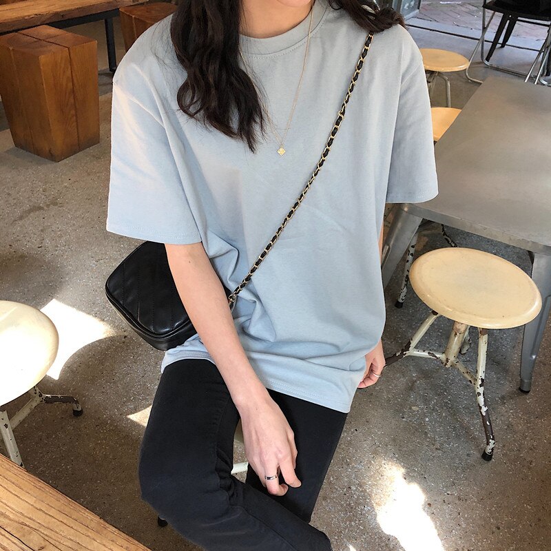 Camisetas de manga corta de algodón para mujer, camisetas de holgadas de estilo Vogue con cuello redondo coreano liso que combinan con todo, novedad de