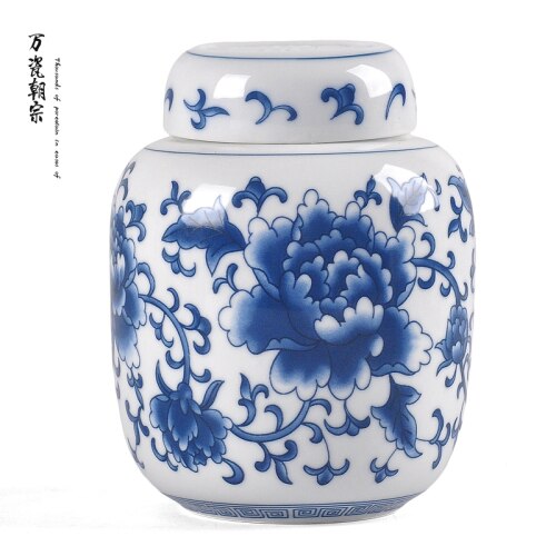 Ceramic Tea Caddy Household Blue and White Porcelain Small Tea Caddy Kitchen Condiment Storage Tank Home Desktop Decoration: E