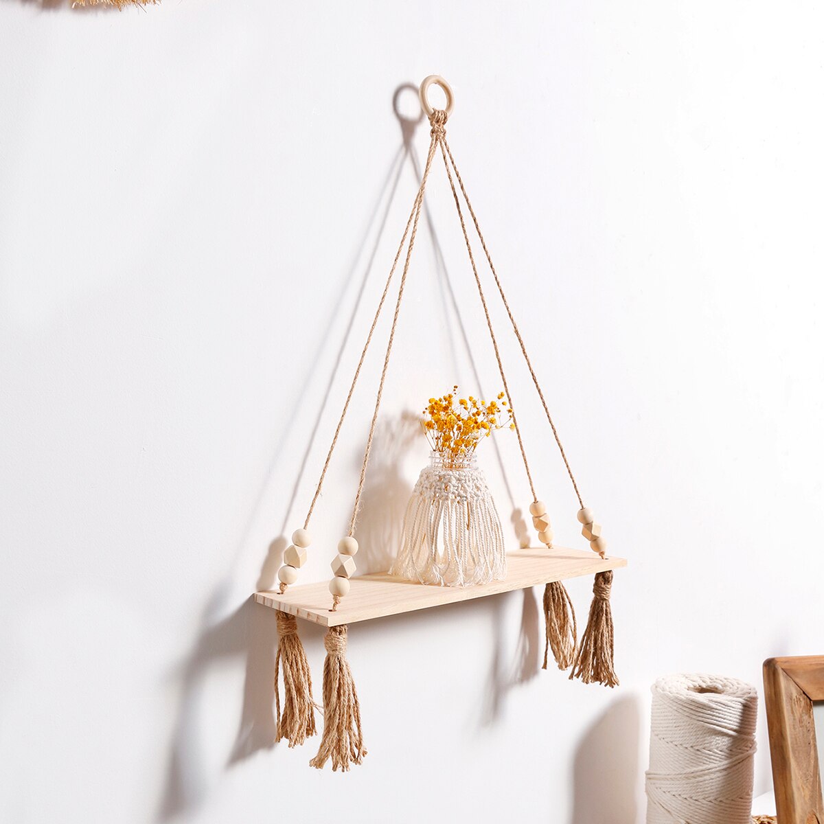Macrame vegghengende hylle dusk tredekor vevd veggopphengsbretthyller for hjemmeinnredning soverom stue kakestativ: Hylle  m01070