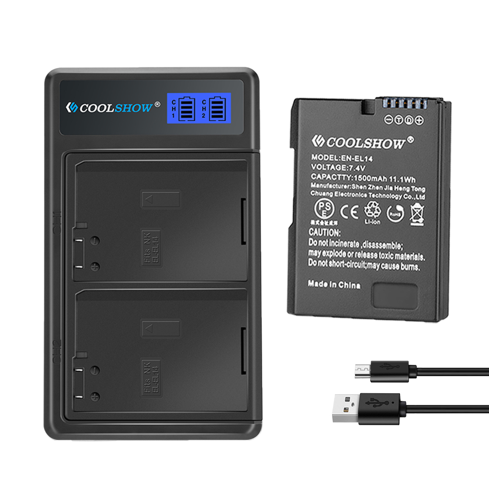 Enel 14 batteri 1500 mah til nikon  d3100 d3200 d3300 d3400 d3500 d5600 d5100 d5200 p7000 p7100 p7800 el14 batteri: 1 oplader 1 batteri