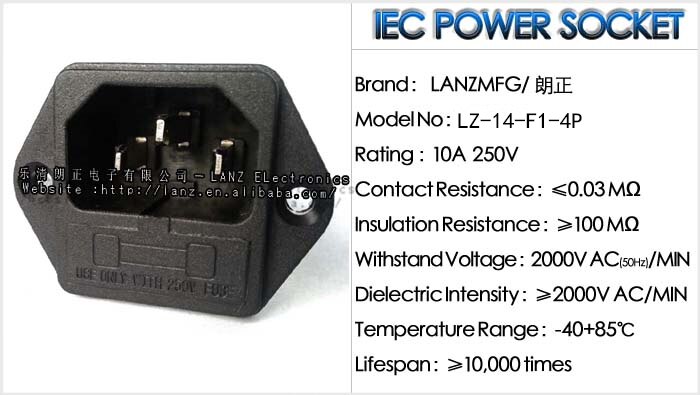 Lz -14-f1-4p iec innløp  c14 med sikringsholder 10a 250v cooper belagt med skrue