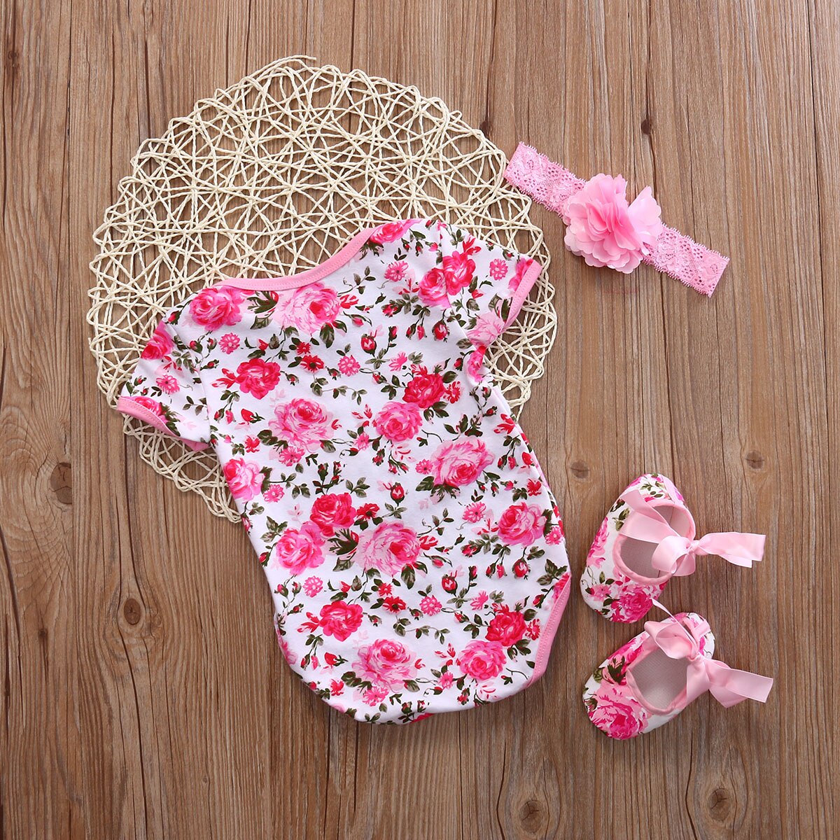 3 uds recién nacido Ropa para bebé (niño o niña) de manga corta de verano Floral leopardo mono diadema zapatos de