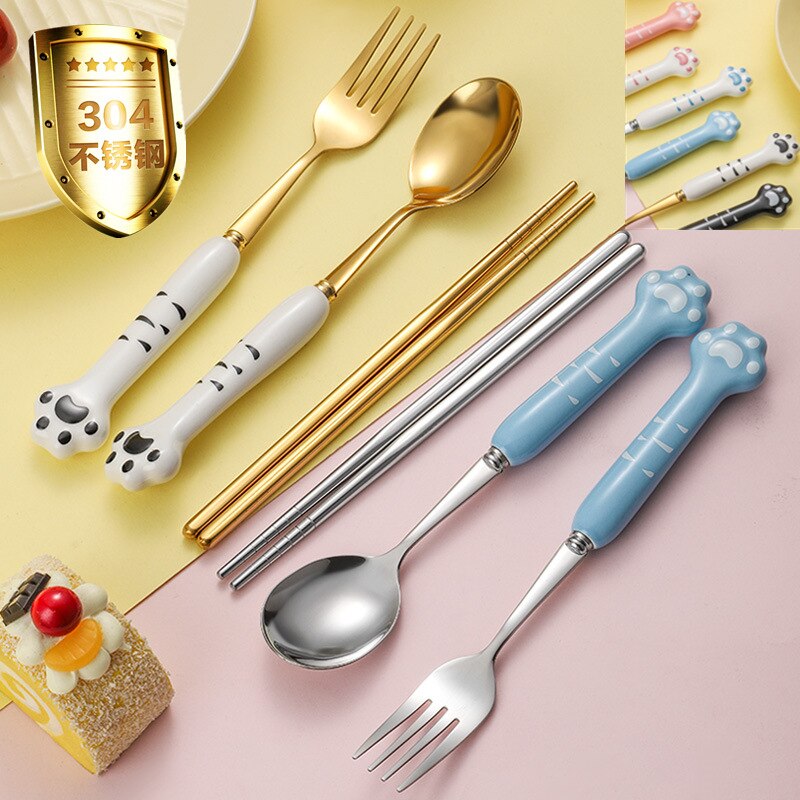 Cute cat claw ceramic 304 stainless steel tableware spoon fork chopsticks cute cartoon spoon gold spoon fork