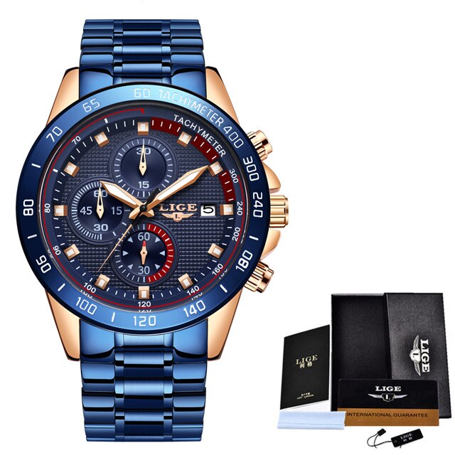 Luik Casual Heren Horloges Top Brand Luxe Blauw Horloge Rvs Sport Waterdichte Quartz Horloge Mannen Reloj Hombre: Rose gold blue