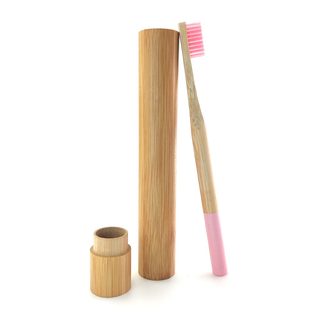 Degradable Bamboo Toothbrush with Natrual Bamboo Straw Case Eco-friendyly Portable Travle Toothbeush Set for Teeth care: Baby Pink