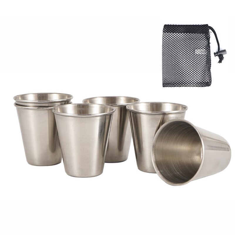 Mini taza de licor de acero inoxidable, utensilios de cocina portátiles con bolsa de malla para acampar al aire libre y senderismo, 6 uds.: 6 pieces