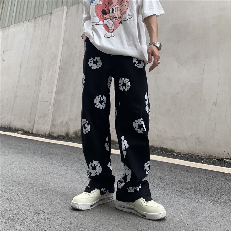 Harajuku – jean droit déchiré surdimensionné pour homme, pantalon en Denim, imprimé pleine fleur, Style Vibe, décontracté, Patchwork