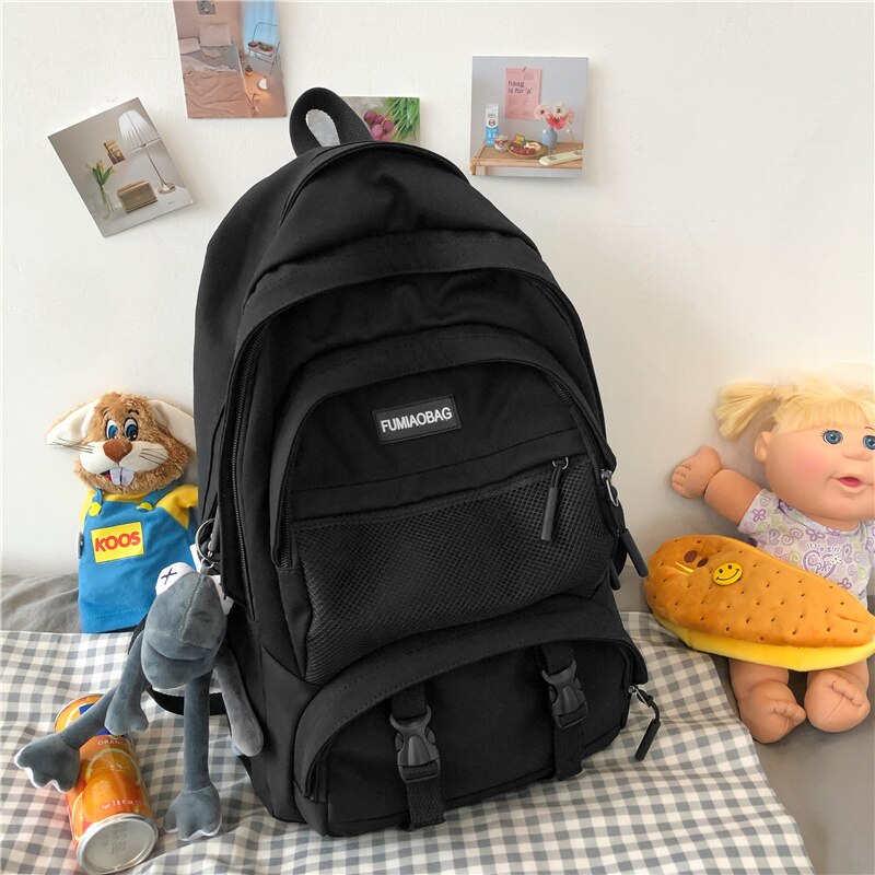 DIEHE Large Capacity Waterproof Nylon Women Backpack Men Multiple Pockets Laptop Backpack Schoolbag for College Couples Bookbag: Black / NO Pendant