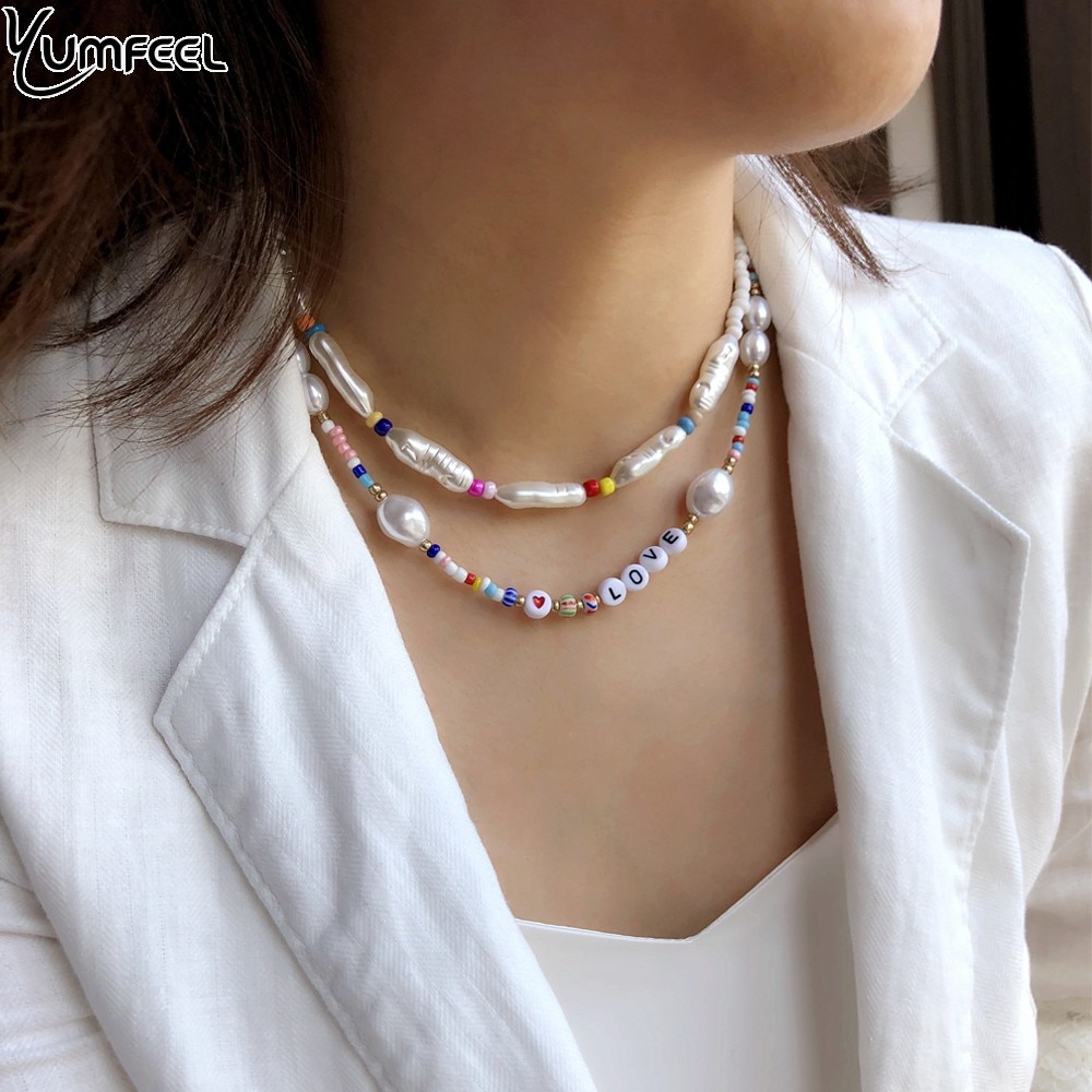 Yumfeel merk alfabet letter liefdesketting imitatieparel zaadkralen choker kettingen sieraden