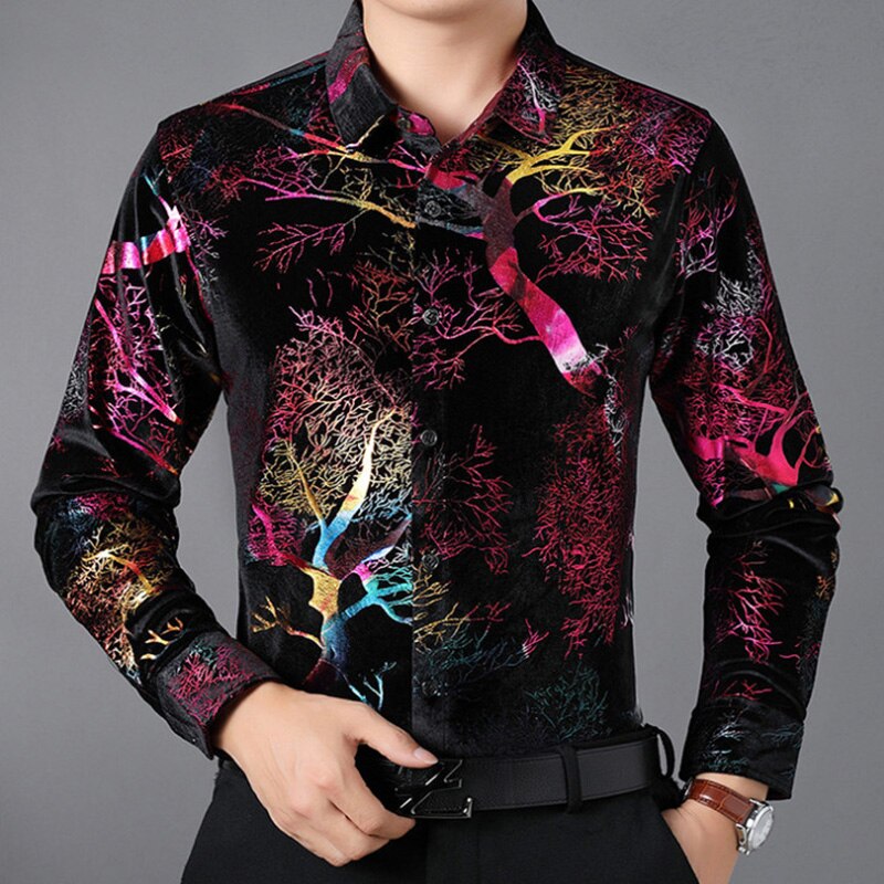 Luxury Gold Velvet Men's Shirts Casual Print Long Sleeve Shirt Men Shiny Tuxedo Shirts camisa masculina: Red / L