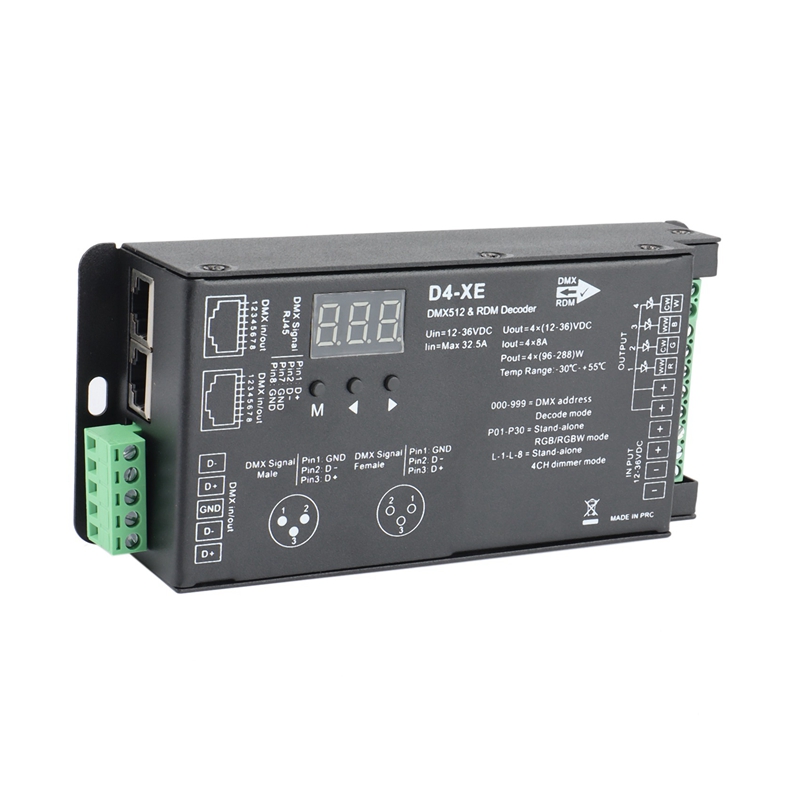 D4-XE 4CH Pwm Constante Spanning Cv DMX512 Rdm Led Decoder Controller Met Digitale Display XLR3 RJ45 DC12V 24V 36V
