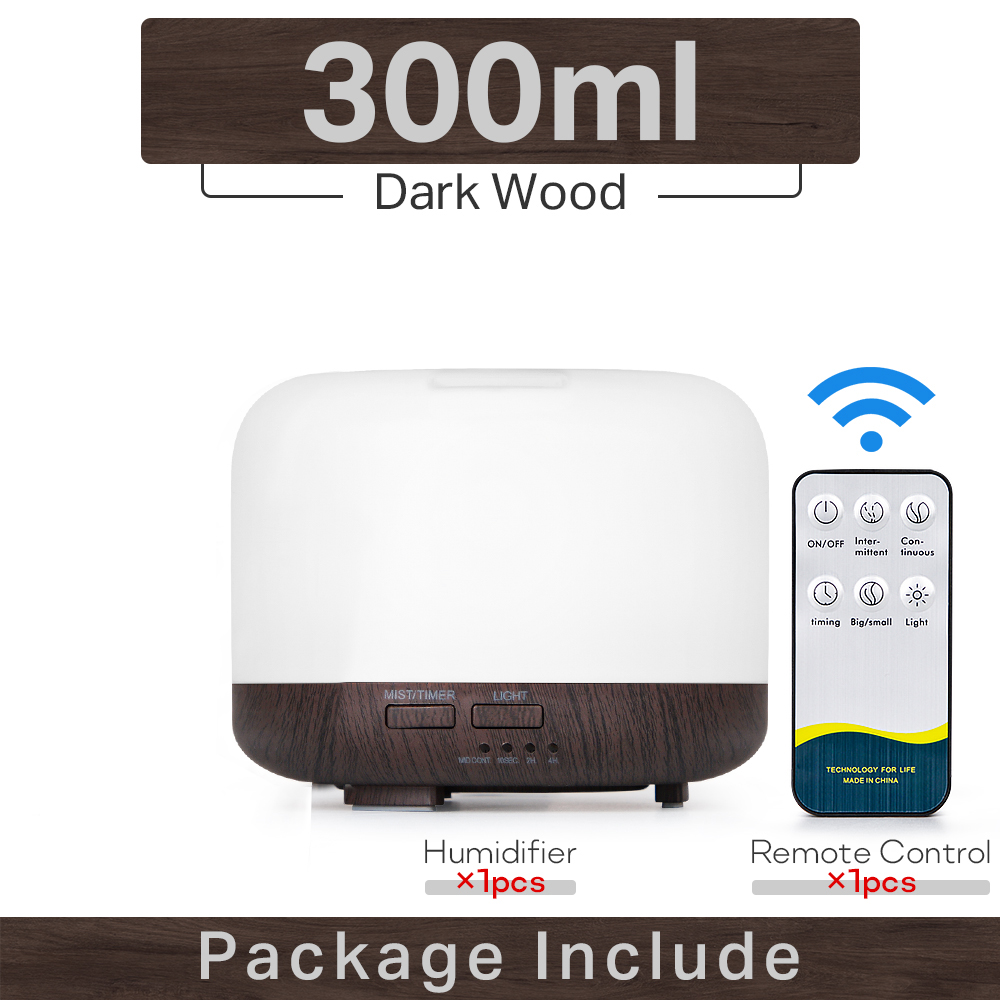 300 500ML Air Humidifier With Remote Control Colorful Non-printed Ultrasound Aroma Diffuser Pure White Dark Light Wood Grain: Bronze red / AU