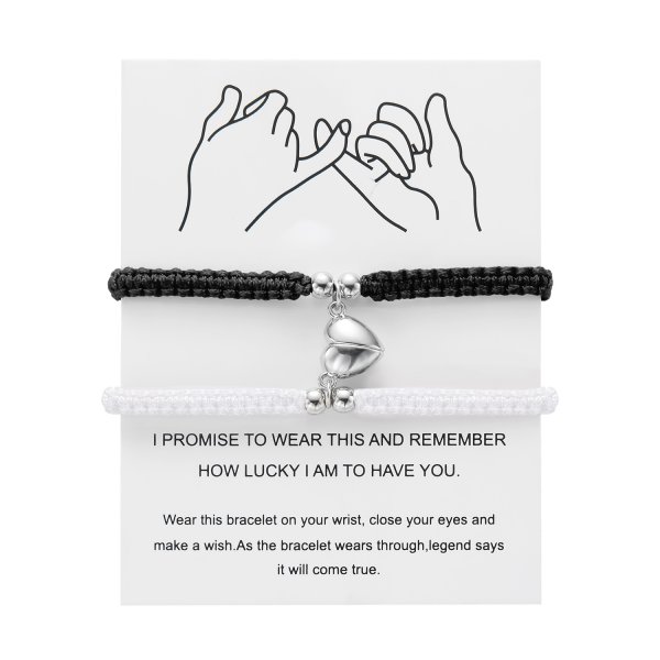 2 uds pulsera trenzada de cuerda roja Simple de la suerte para mujeres y hombres corazón romántico pareja magnética pulseras a juego joyería de amistad: Bañado en rodio de imitación