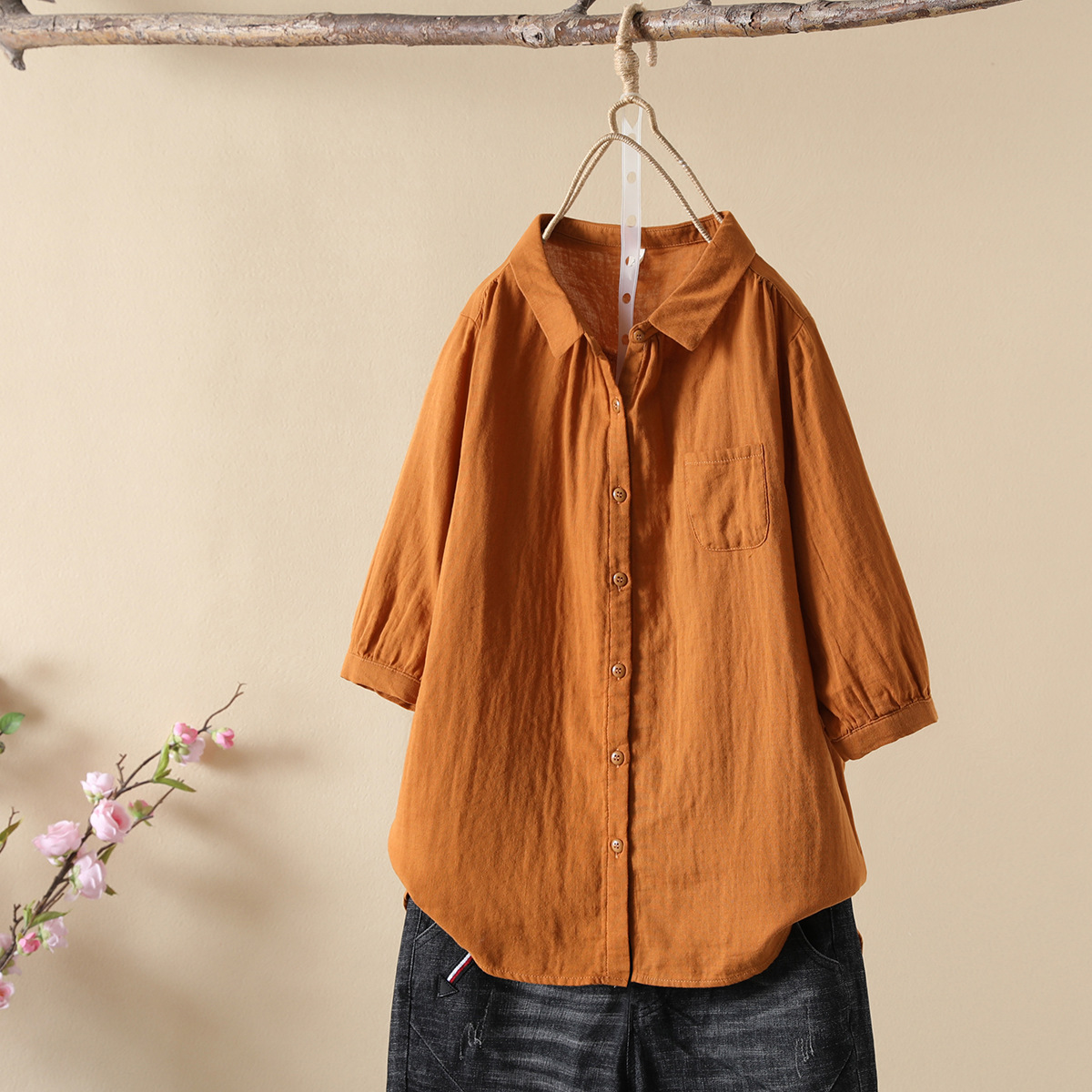 Neue Frühling Baumwolle Garn solide verlieren Hemd Frauen Revers Kurzarm oben Mädchen retro ol Pendel blusen 2024 Sommer t45449qc: M / Gelb