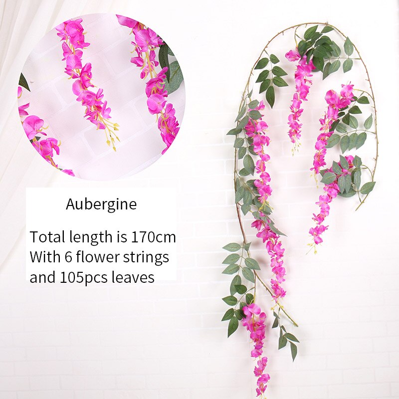 170cm kunstige liana silke blåregn blomster vinstokker rotting brud blomst vegghengende krans bue hjem bryllup hage dekorasjoner: Aubergine
