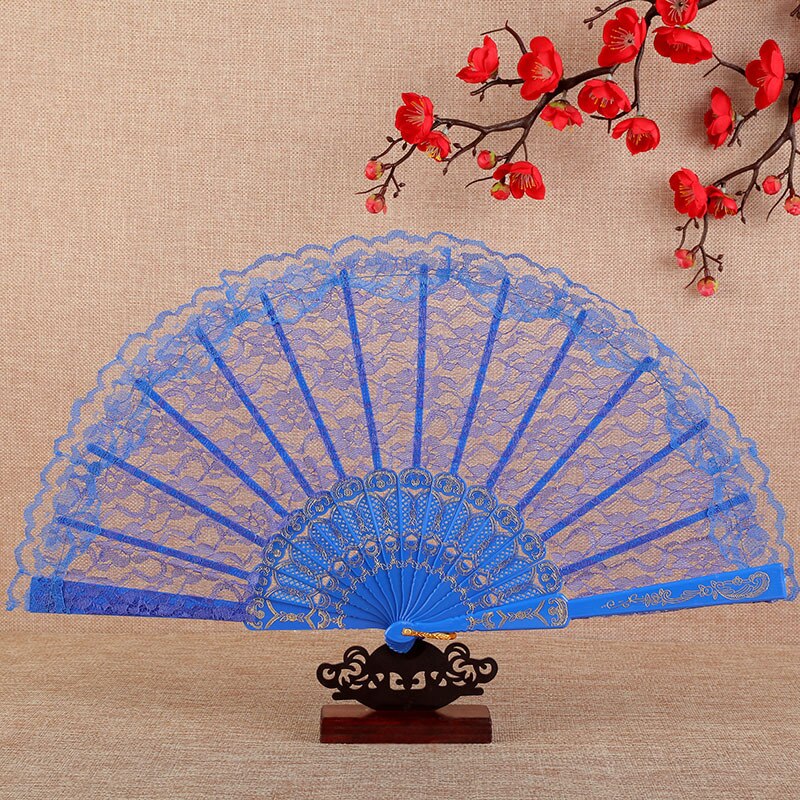 23cm Thin Lace Fan Plastic Bone Hand Fan Art Craft Lolita Japanese Sweet Girl Dance Photo Props Wedding Party Decoration: Blue no pendant