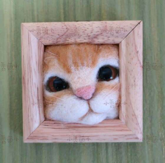 Marco de adorno de cabeza de gato de gatito Zakka, marco de fotos de madera maciza, kit de costura de lana, fieltro de lana, aguja de fieltro, decoración artesanal, aguja: C