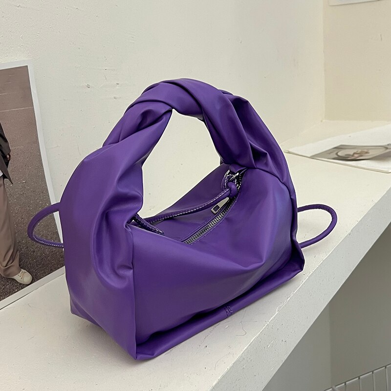 Korean Style Summer New Soft PU Leather Hobo Shoulder Bag Fashion Pleated Handle Handbag for Women Designer Crossbody Bag Female: Viola