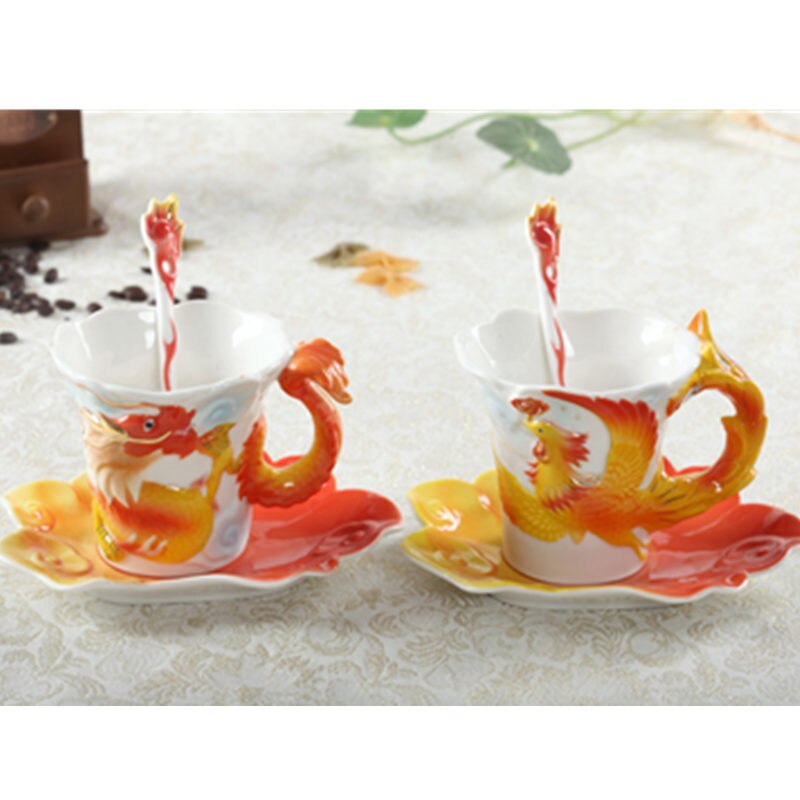 Enamel Porcelain Dragon Phoenix Coffee Cup Dragon Mug Tableware Set