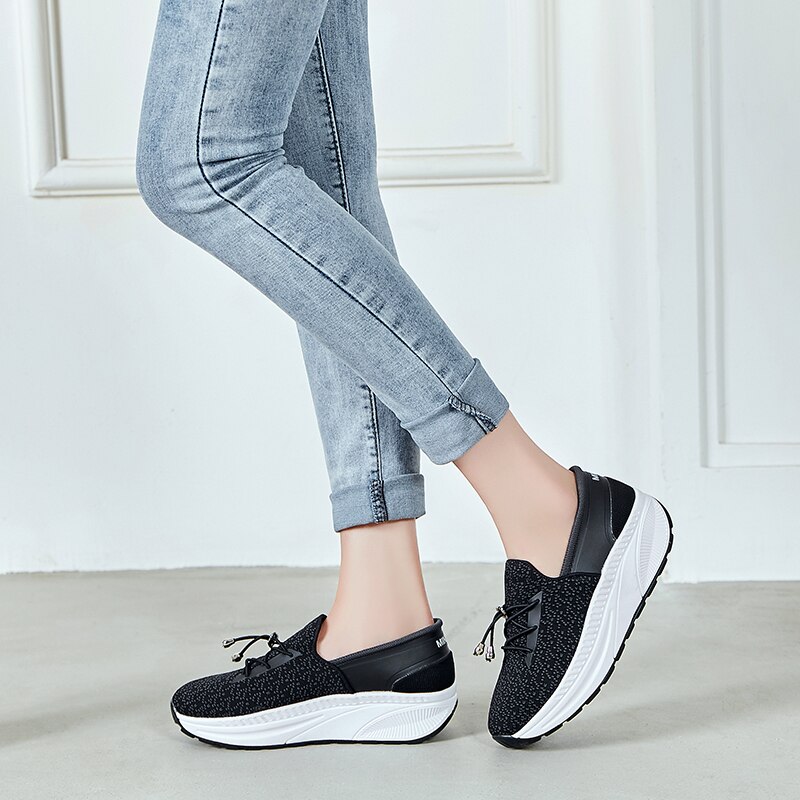 Lente Vrouwen Wedge Sneaker Afslanken Toning Schoenen Minika Dikke Bodem Trekkoord Vrouwen Fitness Schoenen Slip Op Wandelschoenen Paars: Black / 6.5