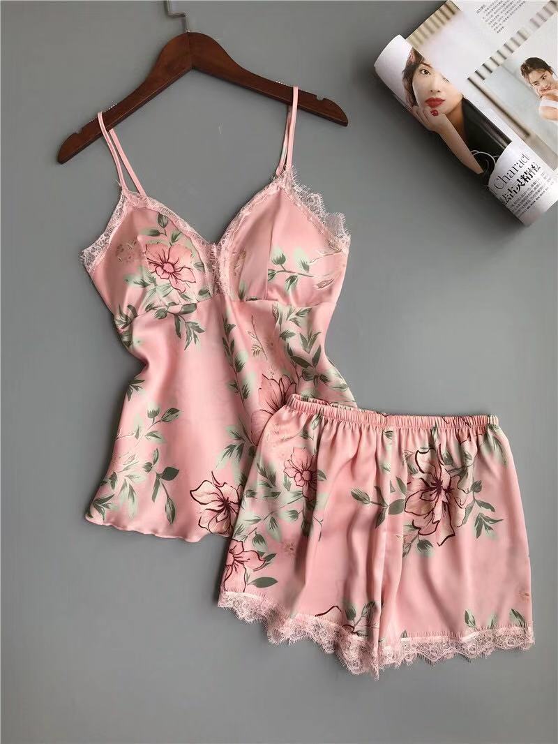 3 PCS Women Pajamas Sets with Pants Sexy Pyjama Satin Flower Print Nightwear Silk Negligee Sleepwear Sexy Homewear