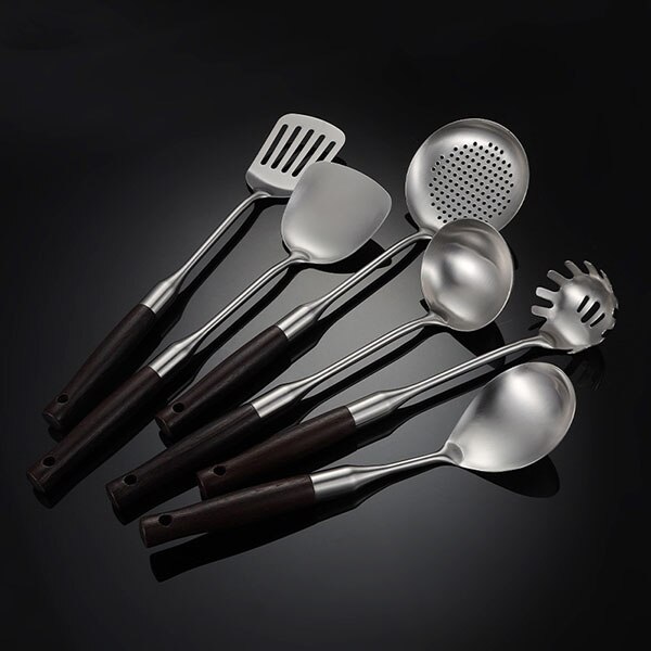 304 Stainless Steel Kitchen Utensils Set, Cooking Utensils with Wooden Handle - Turner Soup Ladle Strainer Pasta Server: 6PCS